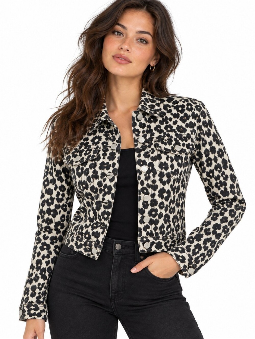 Vintage GUESS Jeans USA Leopard Denim Trucker Jacket M Black White 90s